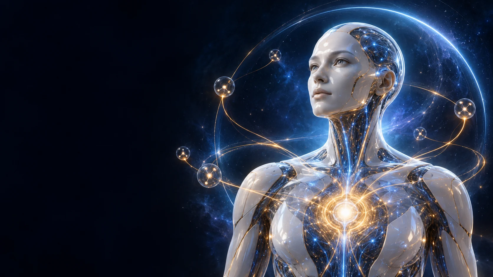 Original luminous white humanoid sculpture with blue and saffron light paths