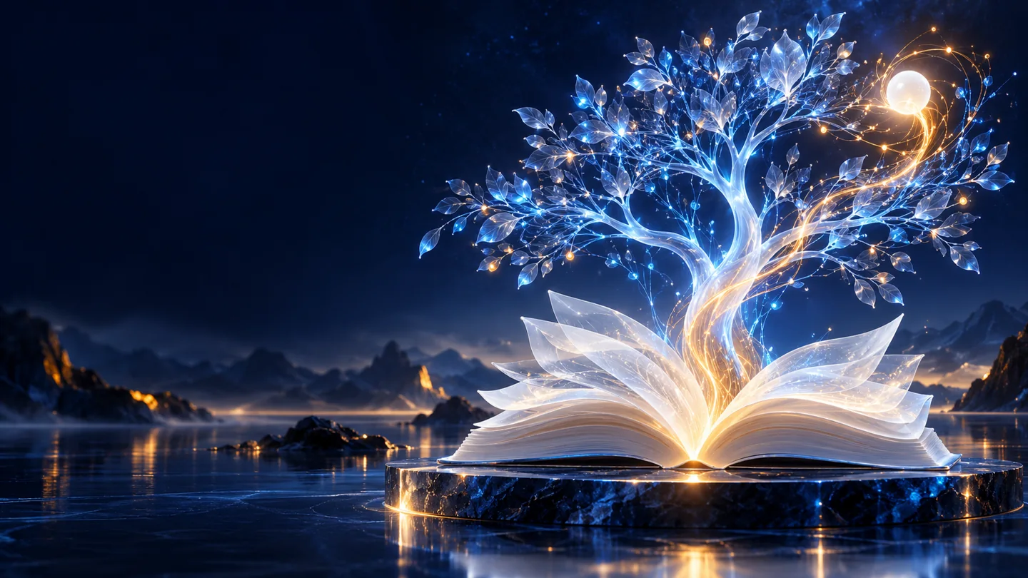 Conceptual artwork: white book transforming into a luminous branching tree