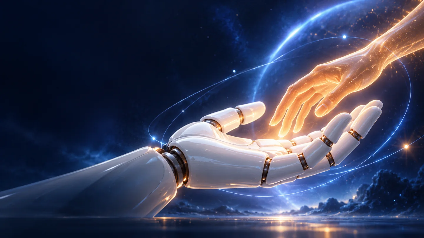 Conceptual artwork: robotic hand supporting a luminous human hand