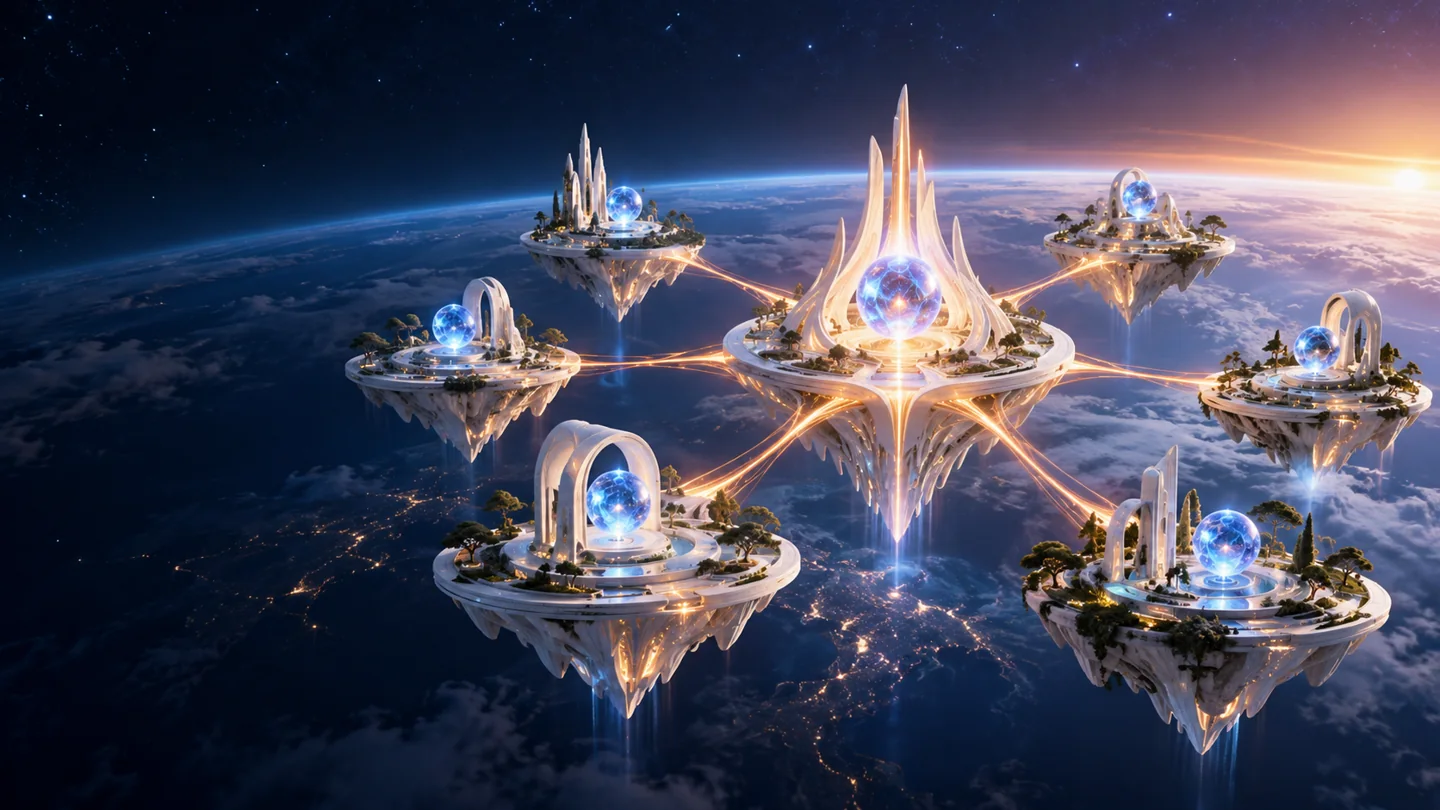 Conceptual artwork: connected luminous islands and bridges