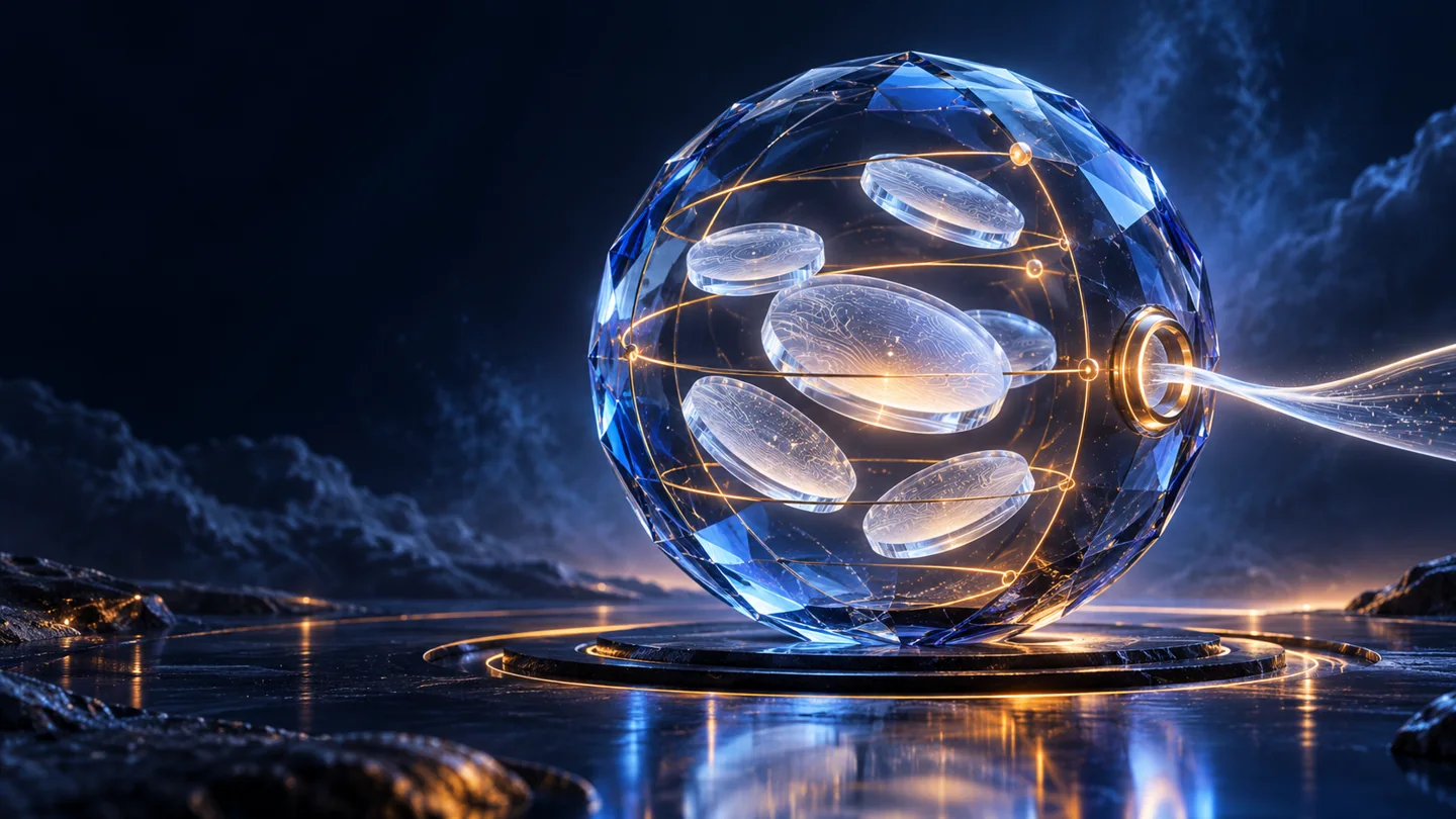 Conceptual artwork: transparent glass vault holding luminous data structures