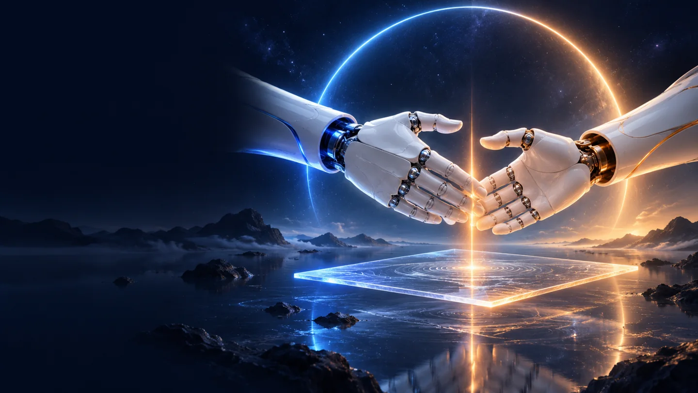 Conceptual artwork: deliberate luminous handshake