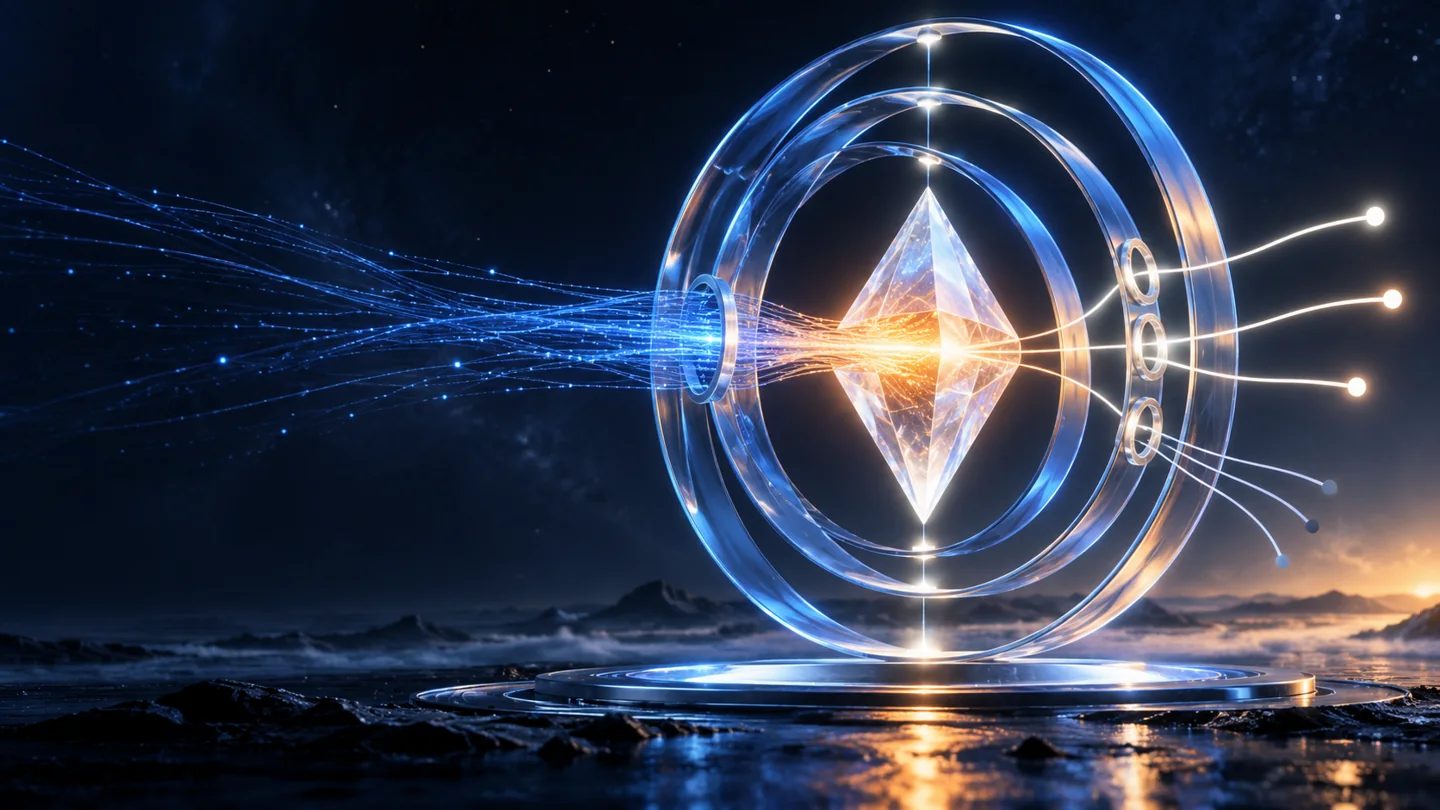 Conceptual artwork: crystalline light prism with successive decision gates
